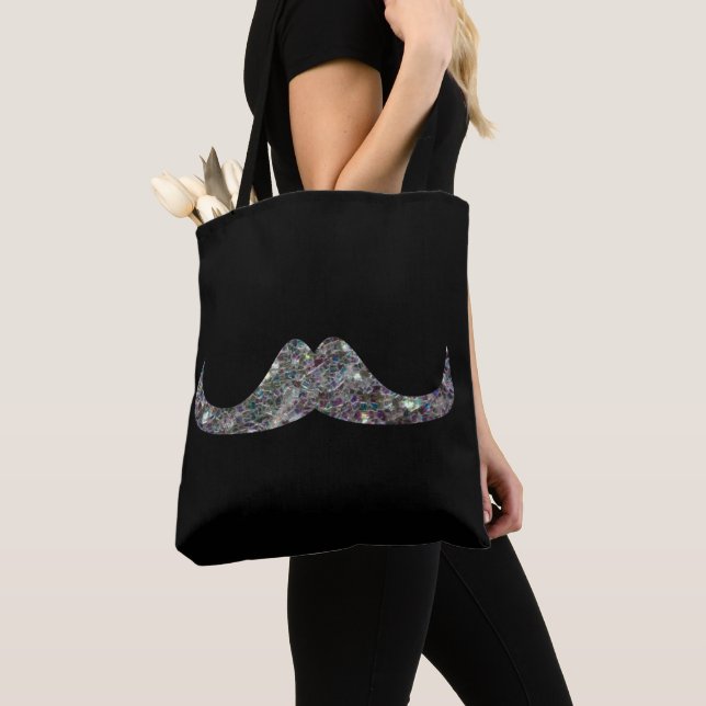 Sparkly silver mosaic Mustache on Black Tote Bag (Close Up)