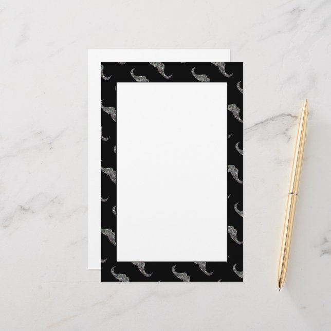 Sparkly silver mosaic Mustache pattern Stationery (Front/Back In Situ)