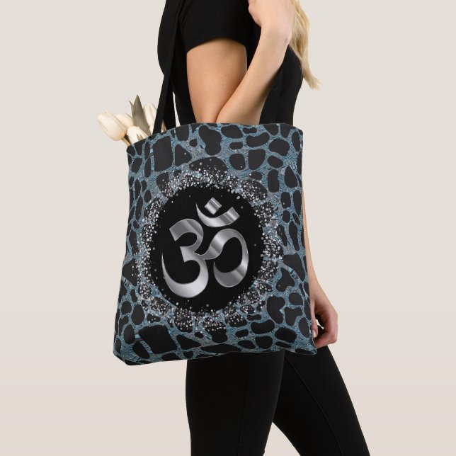 Sparkly Silver OM Turquoise Giraffe Print Tote (Close Up)