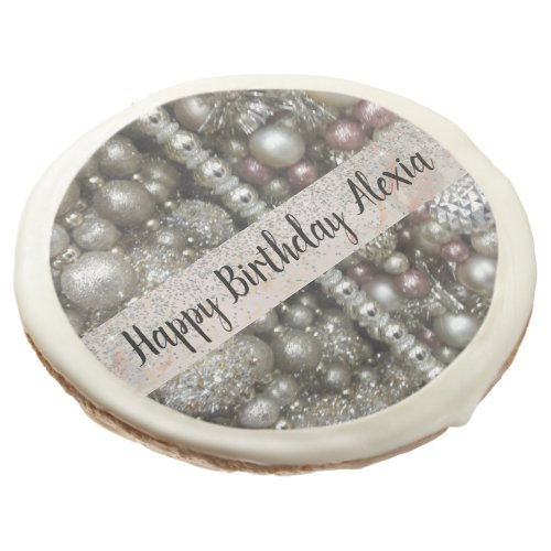 Sparkly Silver Pink Beads Birthday Custom         Sugar Cookie