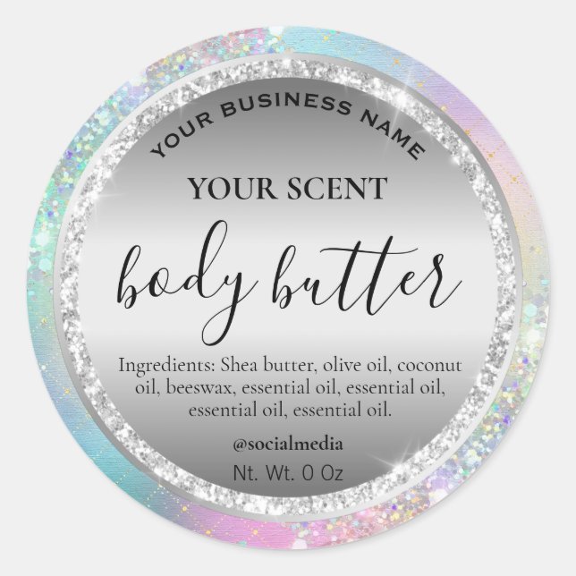 Sparkly Silver Rainbow Pastel Body Butter Labels (Front)