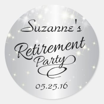 Sparkly Silver Retirement Stickers  Party Favors Classic Round Sticker by AnnounceIt at Zazzle