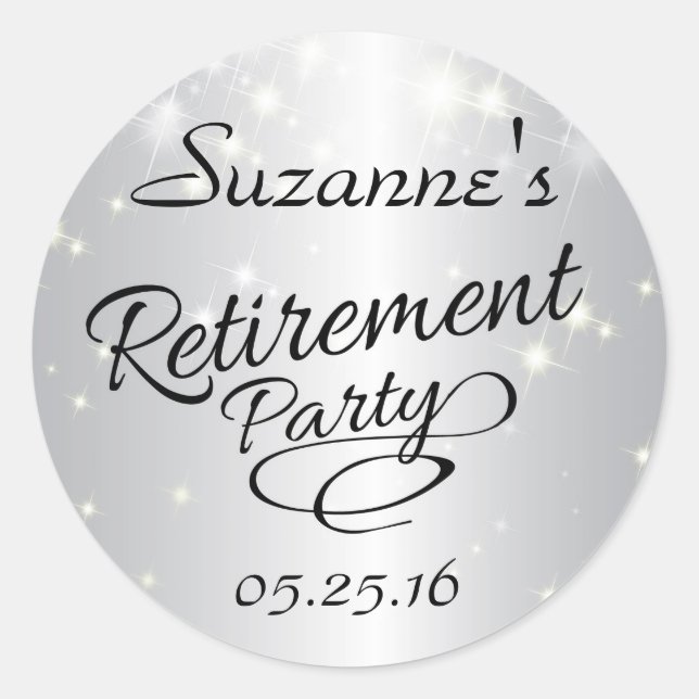 Sparkly Silver Retirement Stickers, Party Favors Classic Round Sticker (Front)