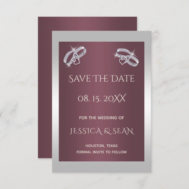 Sparkly Silver Rings & Burgandy Save The Date (Front/Back)