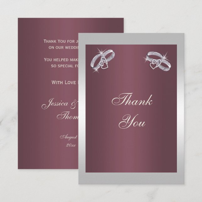Sparkly Silver Rings & Burgandy Thank You Card (Front/Back)
