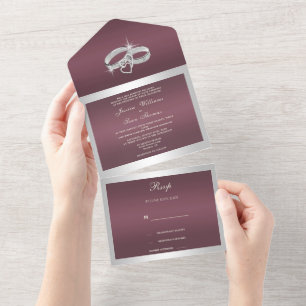 Sparkly Silver Rings & Burgandy Wedding All In One Invitation