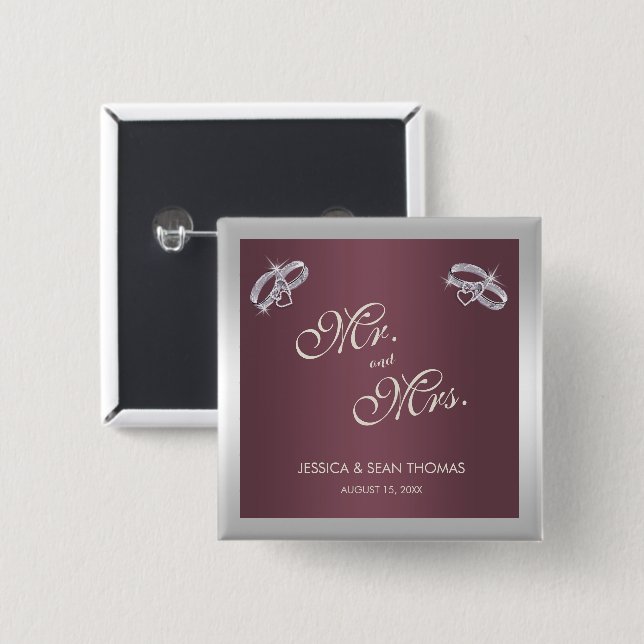 Sparkly Silver Rings & Burgandy Wedding Button (Front & Back)