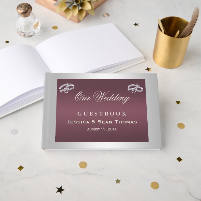 Sparkly Silver Rings & Burgandy Wedding Foil Guest Book (Front Open)