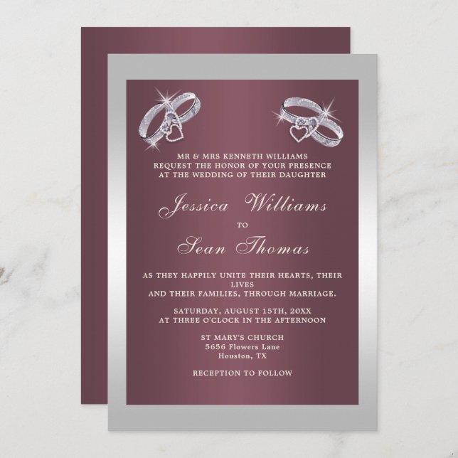 Sparkly Silver Rings & Burgandy Wedding Invitation (Front/Back)