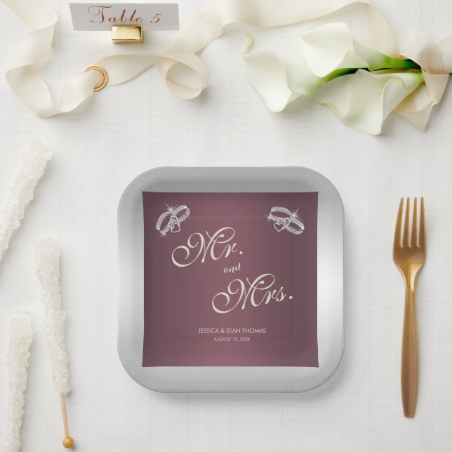 Sparkly Silver Rings & Burgandy Wedding Paper Plates (Wedding)