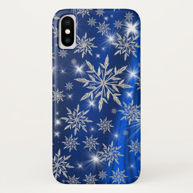 Sparkly Silver Snowflakes on Blue Case-Mate iPhone Case (Back)