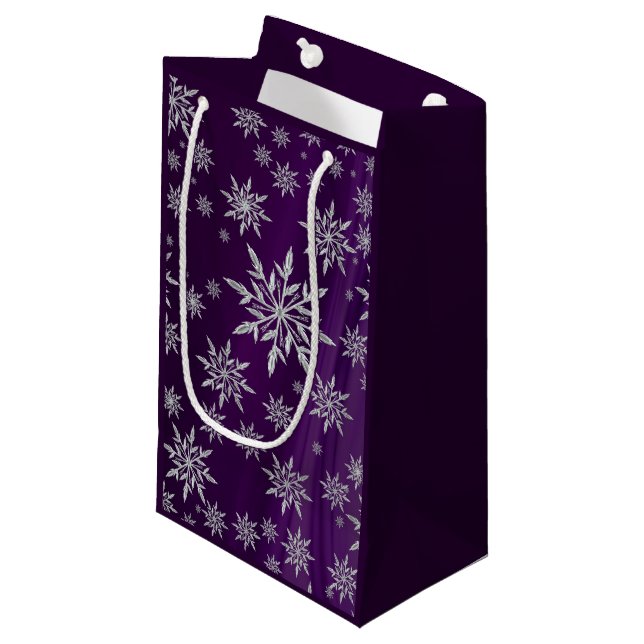 Sparkly Silver Snowflakes on Purple Small Gift Bag (Front Angled)