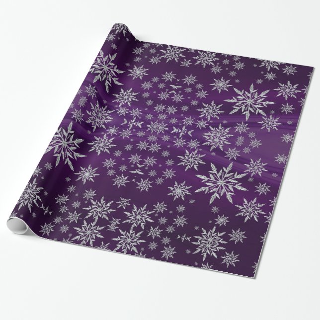 Sparkly Silver Snowflakes on Purple Wrapping Paper (Unrolled)