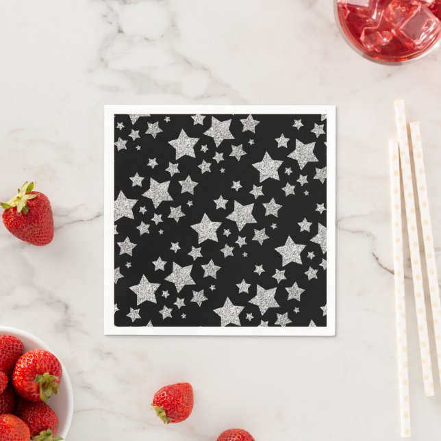 Sparkly Silver Stars Christmas holidays black Napkins (Insitu)