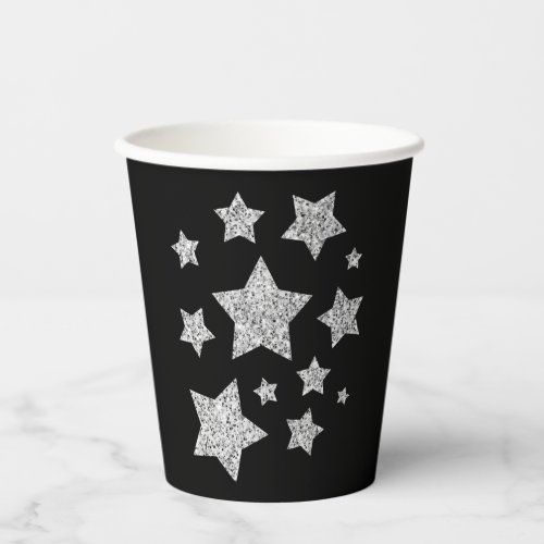 Sparkly Silver Stars Christmas holidays black Paper Cups