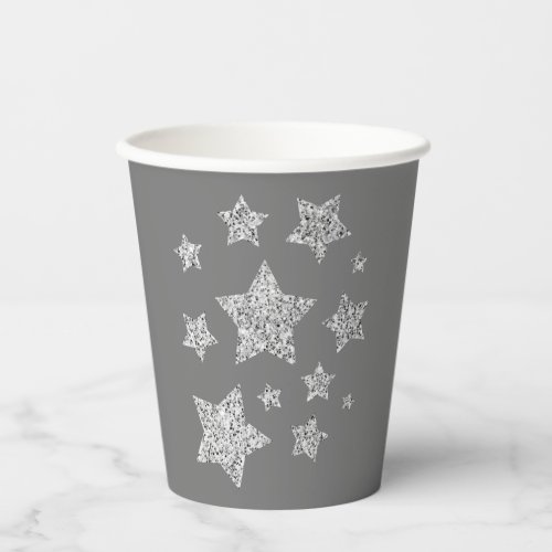 Sparkly Silver Stars Christmas holidays gray Paper Cups