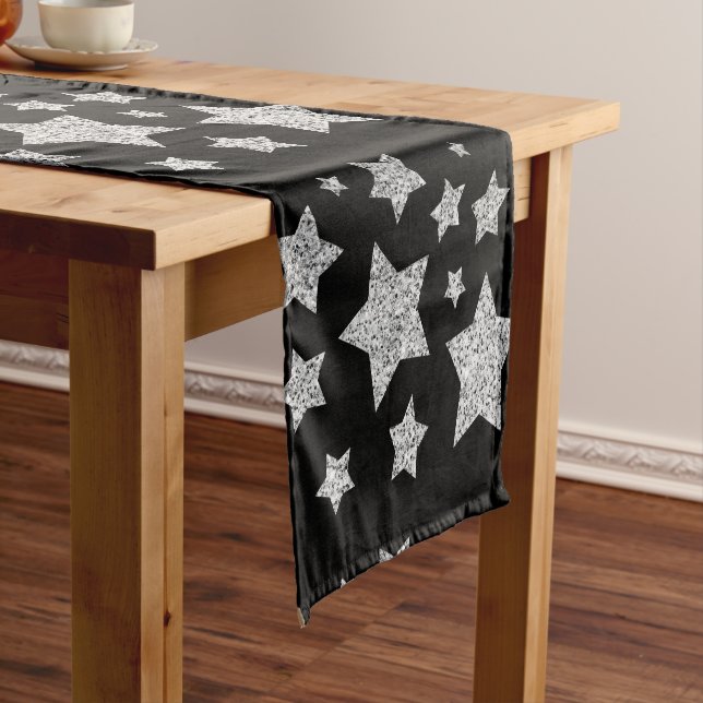 Sparkly Silver Stars Christmas holidays pattern Short Table Runner (In Situ)