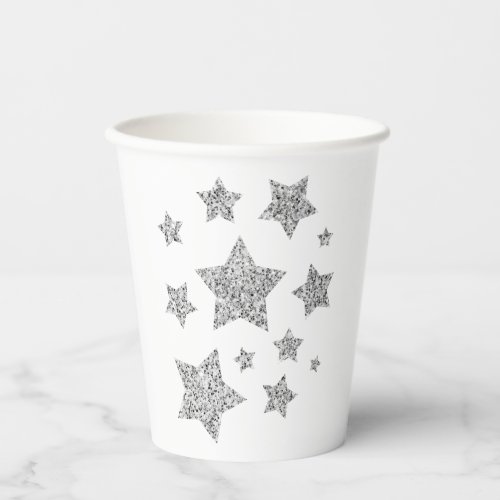 Sparkly Silver Stars Christmas holidays white Paper Cups
