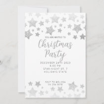 Sparkly Silver Stars Christmas party white Invitation