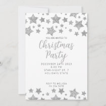 Sparkly Silver Stars Christmas party white Invitation