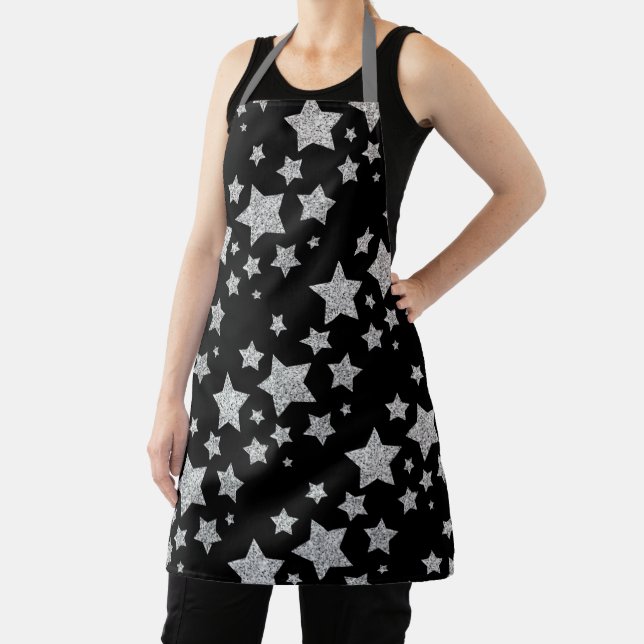 Sparkly Silver Stars Christmas pattern black Apron (Insitu)