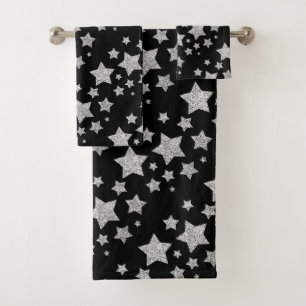 Sparkly Silver Stars Christmas pattern black Bath Towel Set