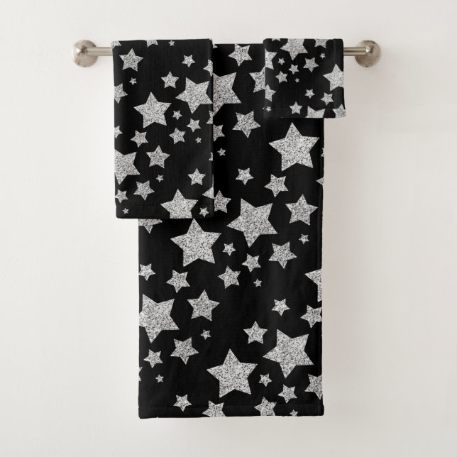 Sparkly Silver Stars Christmas pattern black Bath Towel Set (Insitu)