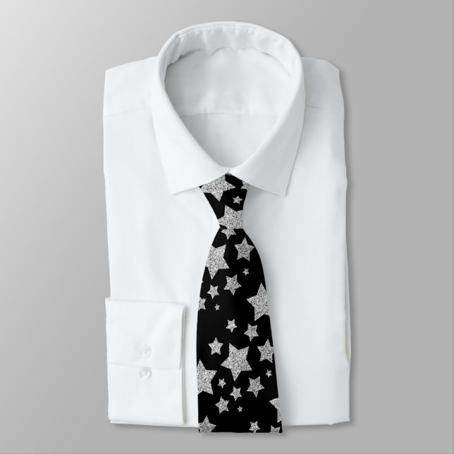 Sparkly Silver Stars Christmas pattern black Neck Tie (Tied)