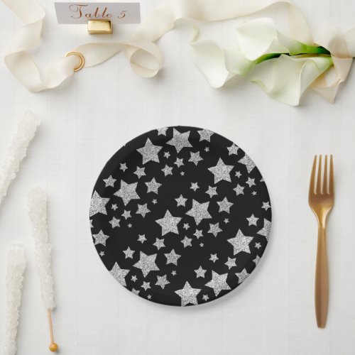 Sparkly Silver Stars Christmas pattern black Paper Plates