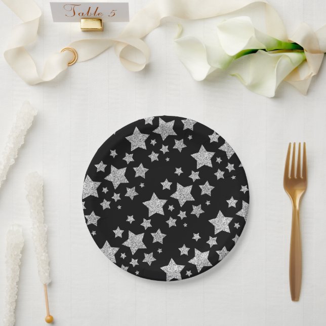 Sparkly Silver Stars Christmas pattern black Paper Plates (Wedding)