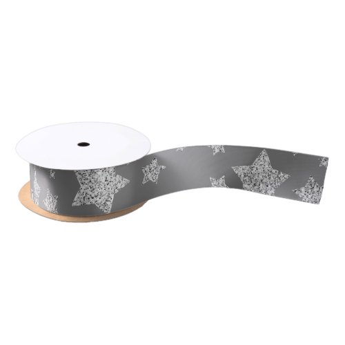 Sparkly Silver Stars Christmas pattern on black Satin Ribbon