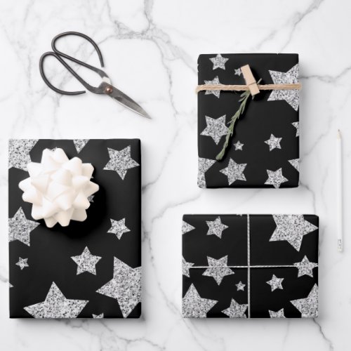 Sparkly Silver Stars Christmas pattern on black Wrapping Paper Sheets