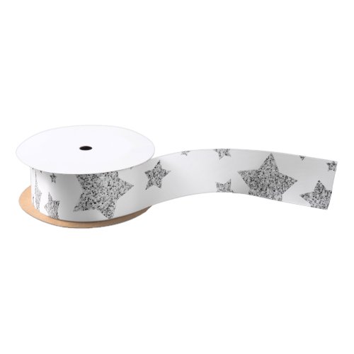 Sparkly Silver Stars Christmas pattern on white Satin Ribbon