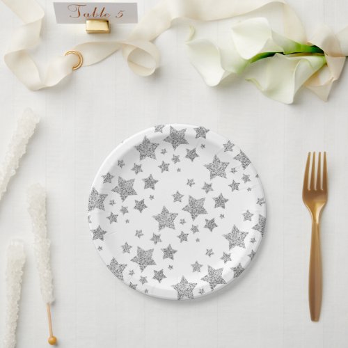 Sparkly Silver Stars Christmas pattern white Paper Plates