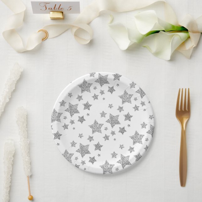 Sparkly Silver Stars Christmas pattern white Paper Plates (Wedding)