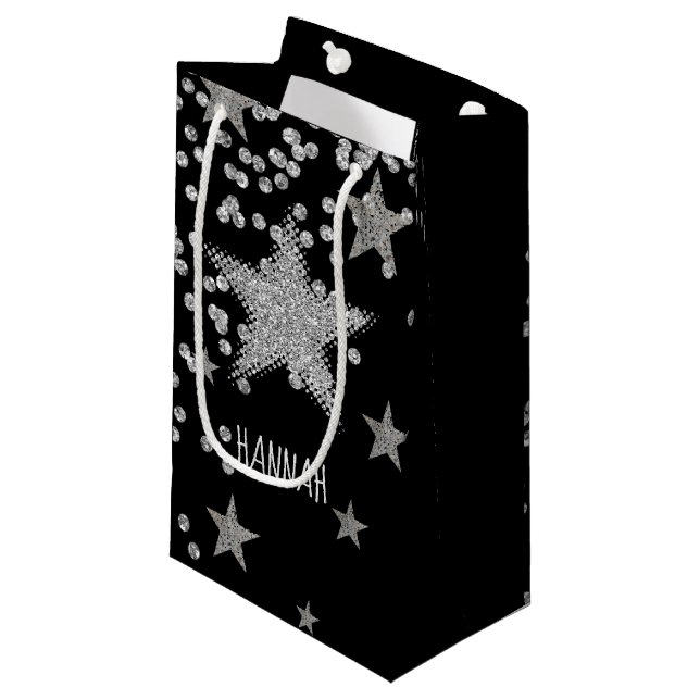 Sparkly Silver Stars Personnalised Small Gift Bag (Front Angled)