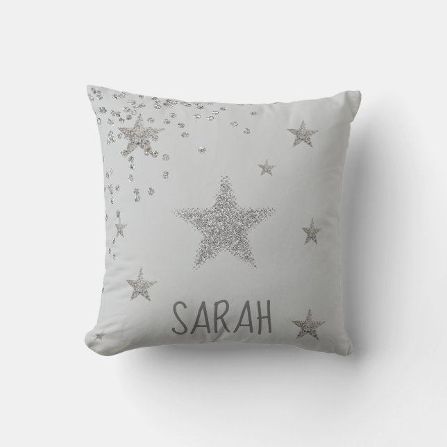 Sparkly Silver Stars Personnalised Throw Pillow (Front)