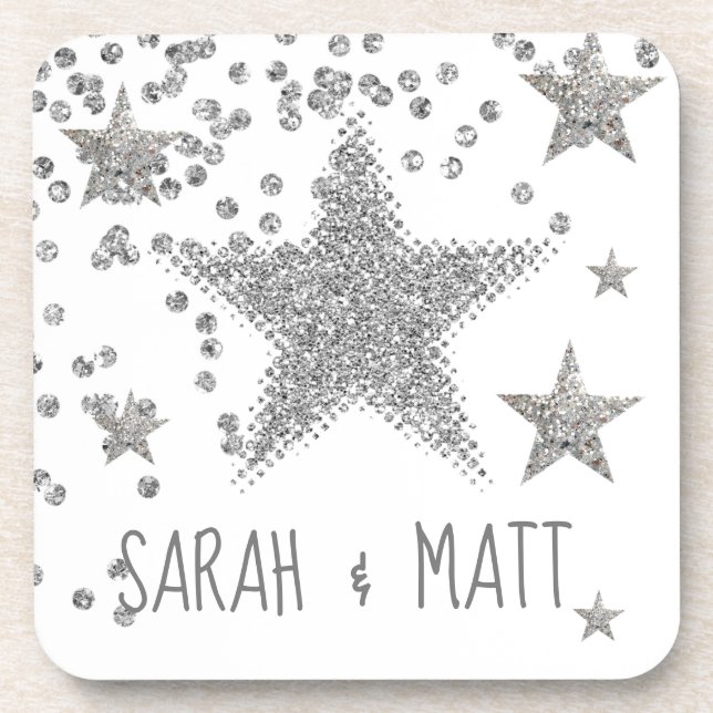 Sparkly Silver Stars Personnalised Wedding Beverage Coaster (Front)