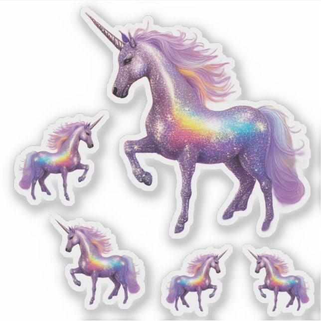 Sparkly Silver Unicorn Rainbow Glitter Set of Five Sticker (Front)