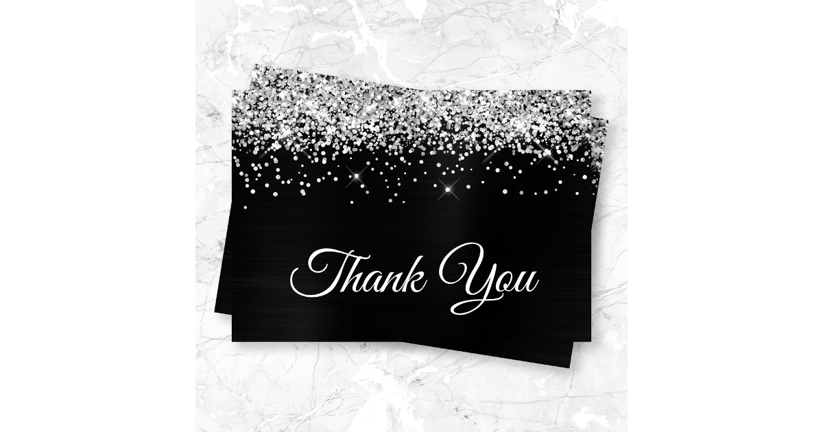 Sparkly Silvery Glitter Black Satin Ombre Foil Thank You Card | Zazzle