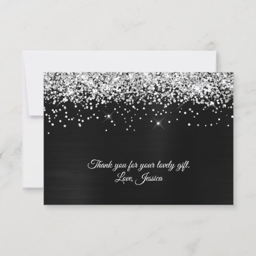Sparkly Silvery Glitter Black Satin Ombre Foil Thank You Card | Zazzle
