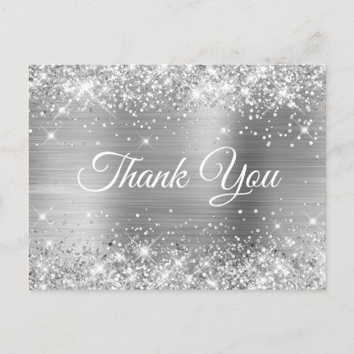 Sparkly Silvery Glitter Silver Foil Thank You Postcard