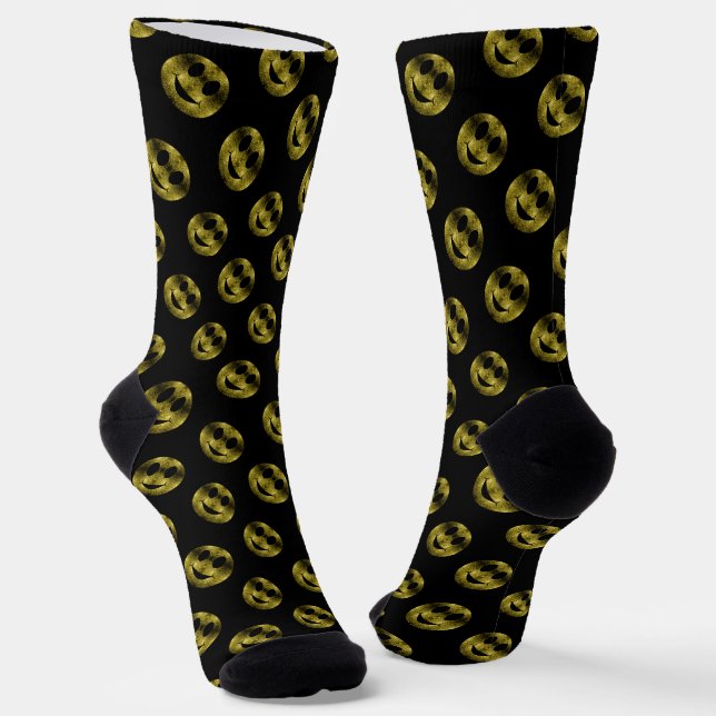 Sparkly Smile face Gold sparkles pattern black Socks (Angled)