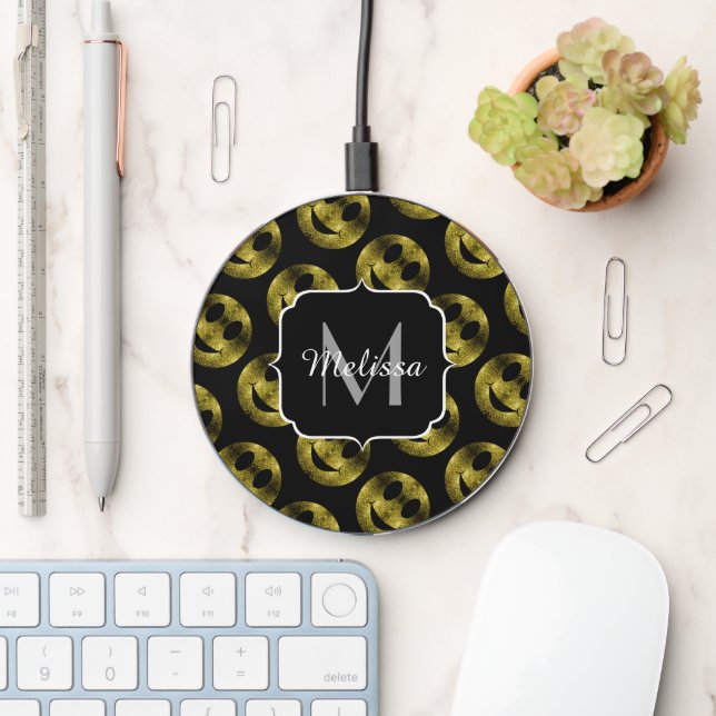 Sparkly Smile face Gold sparkles pattern Monogram  Wireless Charger (Desk)