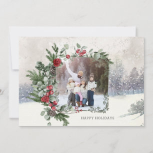 Sparkly Snow Scene Winter Floral Photo  Holiday Card