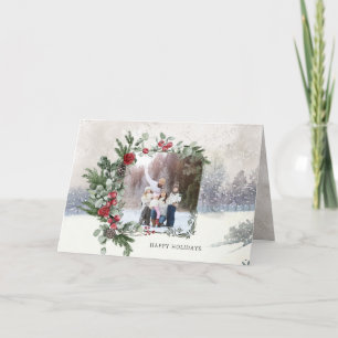 Sparkly Snow Scene Winter Floral Photo  Holiday Card