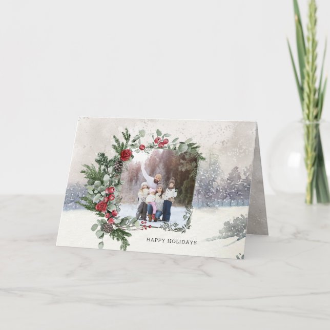 Sparkly Snow Scene Winter Floral Photo  Holiday Card (Front)