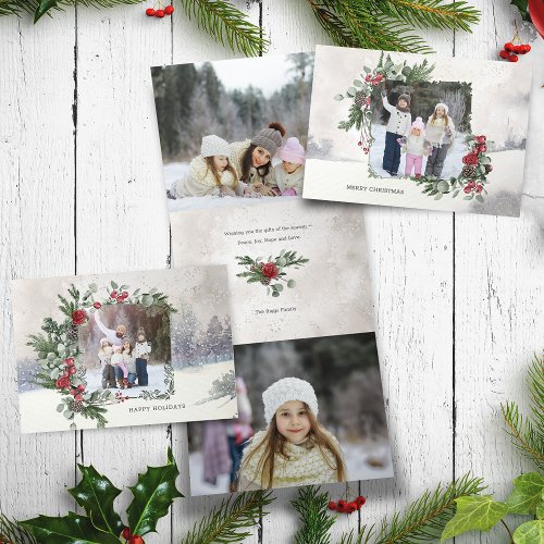 Sparkly Snow Scene Winter Floral Photo  Tri_Fold Holiday Card