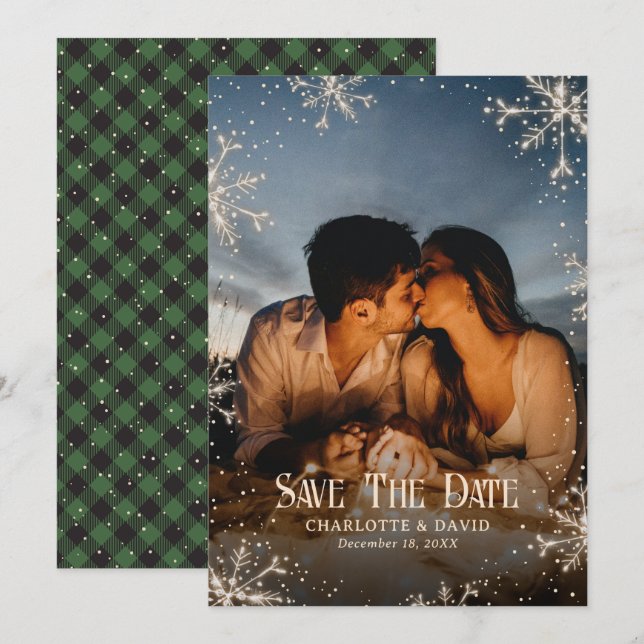 Sparkly Snowflake Green Plaid Winter Photo Wedding Save The Date (Front/Back)