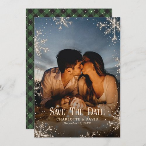 Sparkly Snowflake Green Plaid Winter Photo Wedding Save The Date